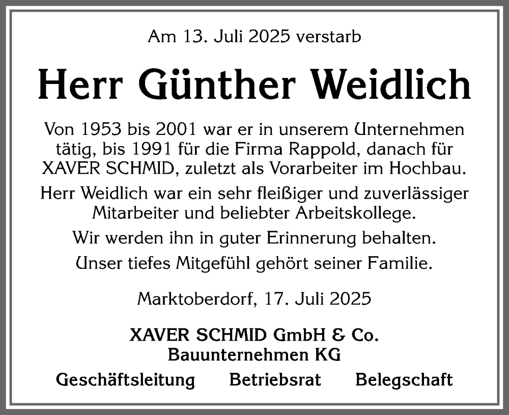  Traueranzeige für Günther Weidlich vom 17.07.2025 aus Allgäuer Zeitung, Marktoberdorf