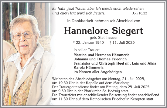 Traueranzeige von Hannelore Siegert von Allgäuer Zeitung,Kempten