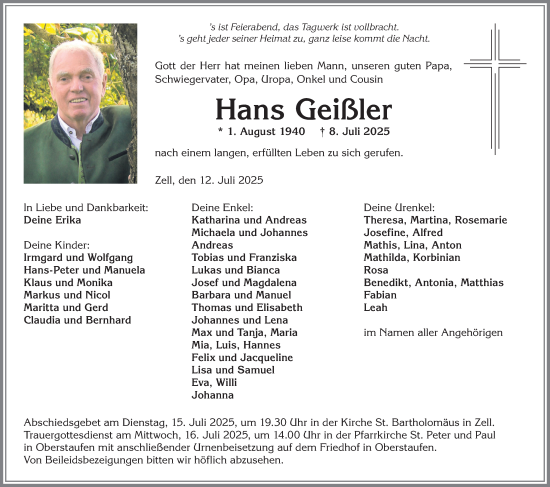 Traueranzeige von Hans Geißler von Allgäuer Anzeigeblatt
