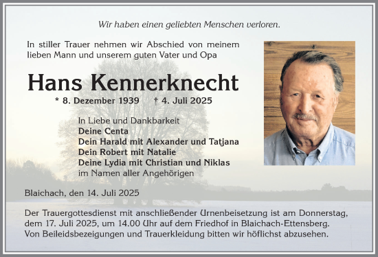 Traueranzeige von Hans Kennerknecht von Allgäuer Anzeigeblatt
