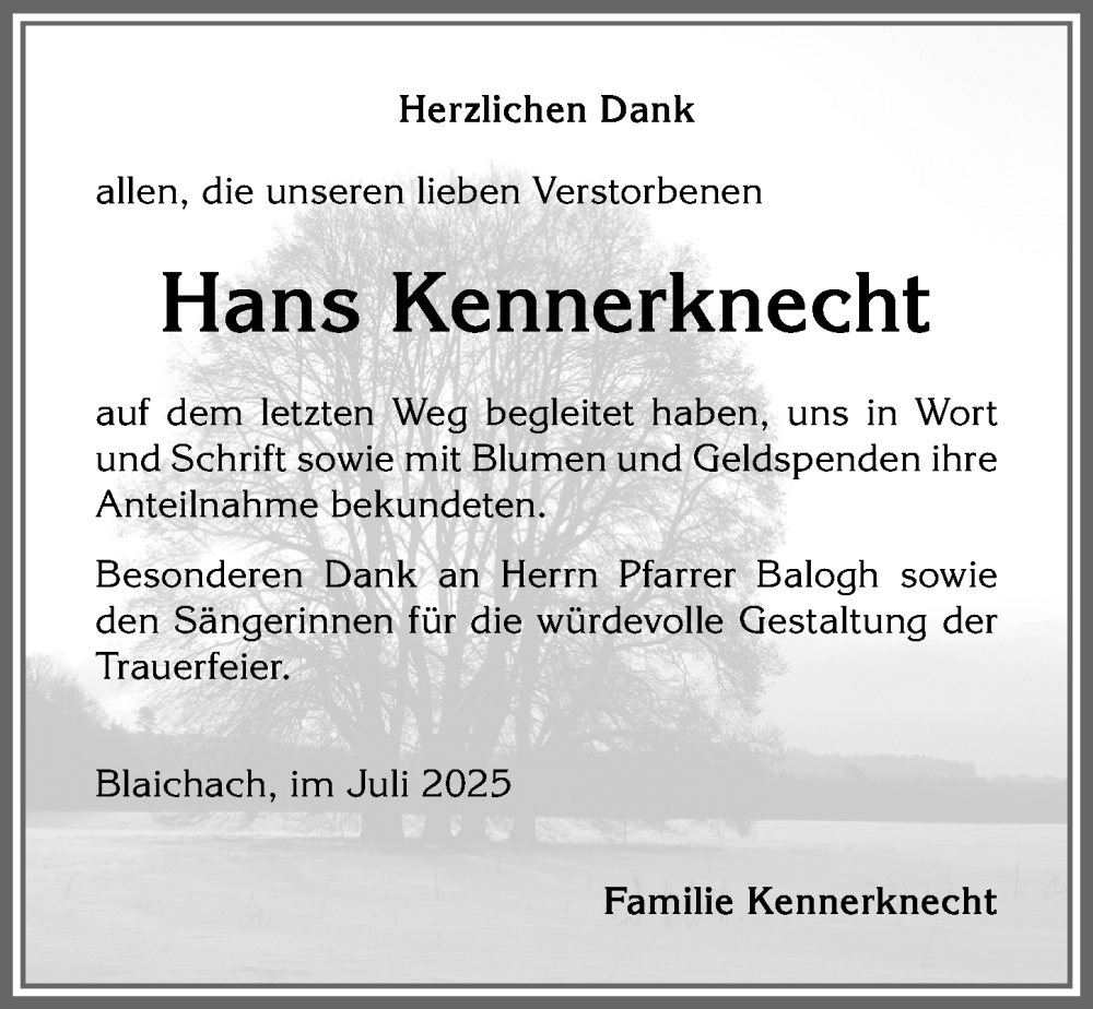  Traueranzeige für Hans Kennerknecht vom 29.07.2025 aus Allgäuer Anzeigeblatt
