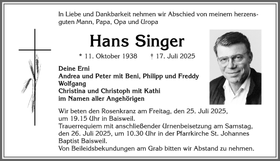 Traueranzeige von Hans Singer von Allgäuer Zeitung, Kaufbeuren/Buchloe
