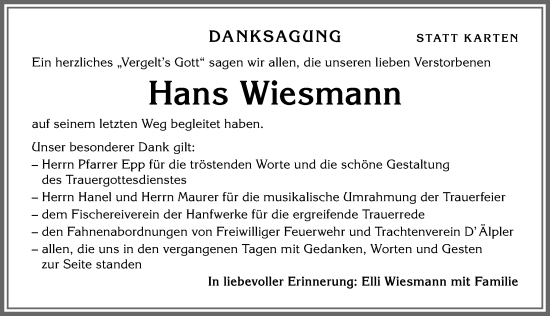 Traueranzeige von Hans Wiesmann von Allgäuer Anzeigeblatt