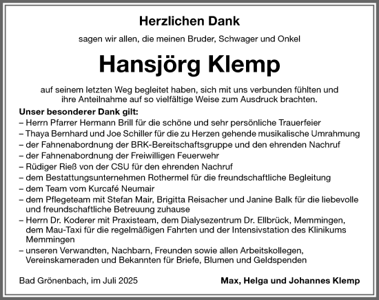 Traueranzeige von Hansjörg Klemp von Memminger Zeitung