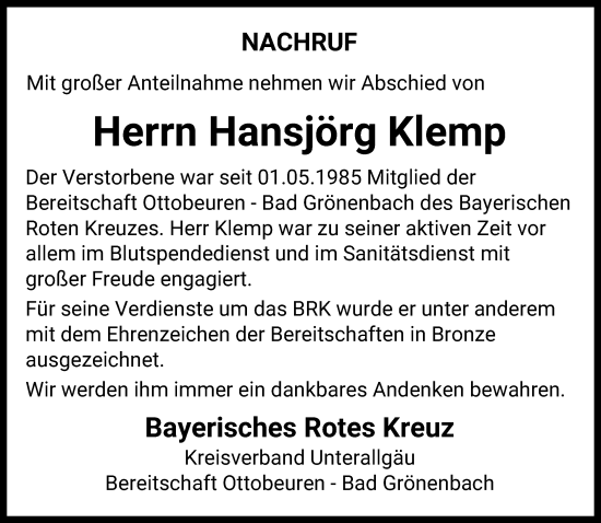 Traueranzeige von Hansjörg Klemp von Memminger Zeitung