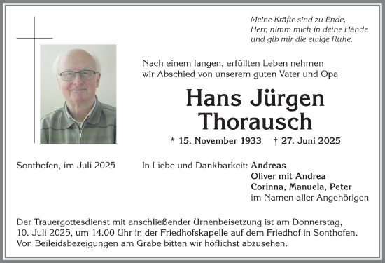 Traueranzeige von Hans Jürgen Thorausch von Allgäuer Anzeigeblatt