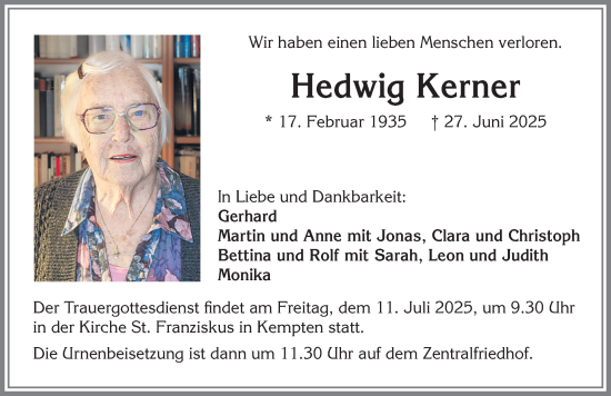 Traueranzeige von Hedwig Kerner von Allgäuer Zeitung,Kempten
