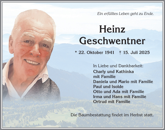 Traueranzeige von Heinz Geschwentner von Allgäuer Zeitung,Kempten