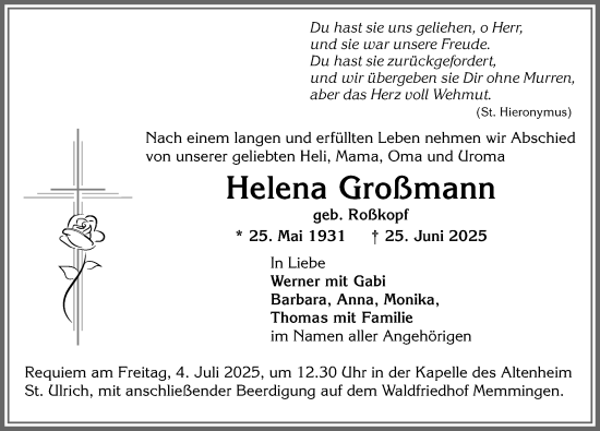 Traueranzeige von Helena Großmann von Memminger Zeitung