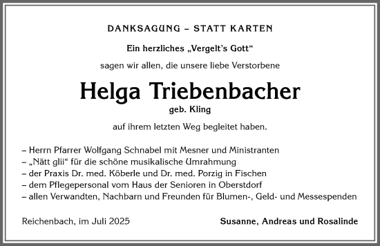 Traueranzeige von Helga Triebenbacher von Allgäuer Anzeigeblatt