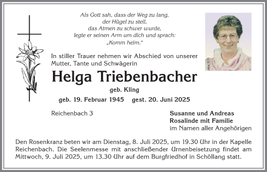 Traueranzeige von Helga Triebenbacher von Allgäuer Anzeigeblatt