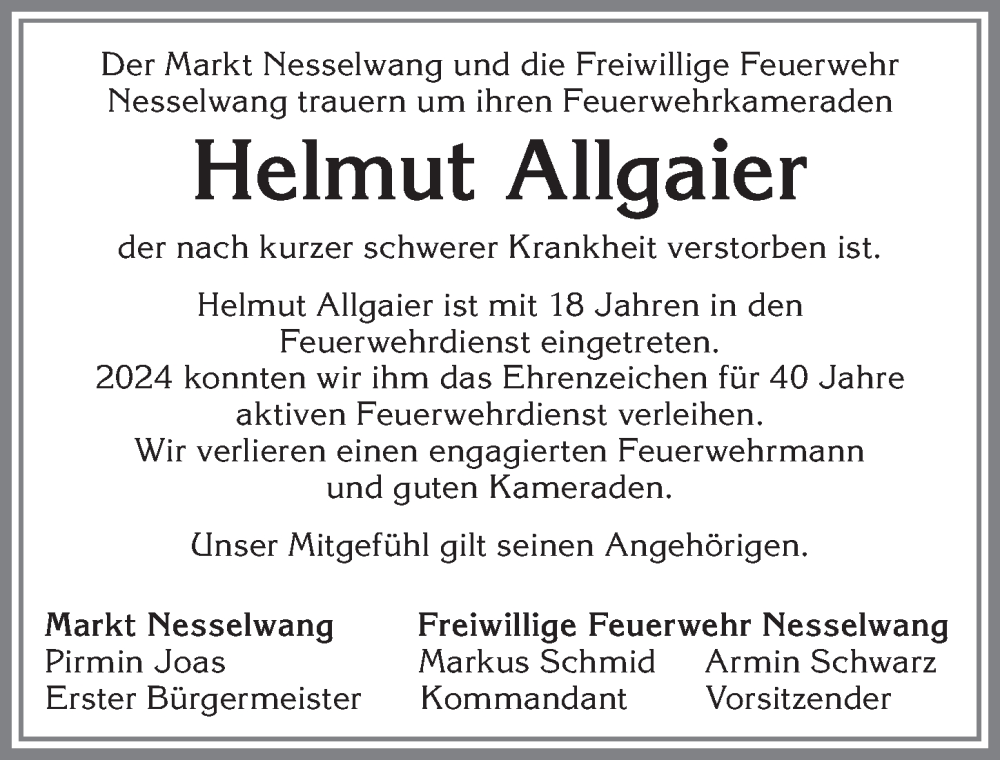  Traueranzeige für Helmut Allgaier vom 02.07.2025 aus Allgäuer Zeitung, Füssen