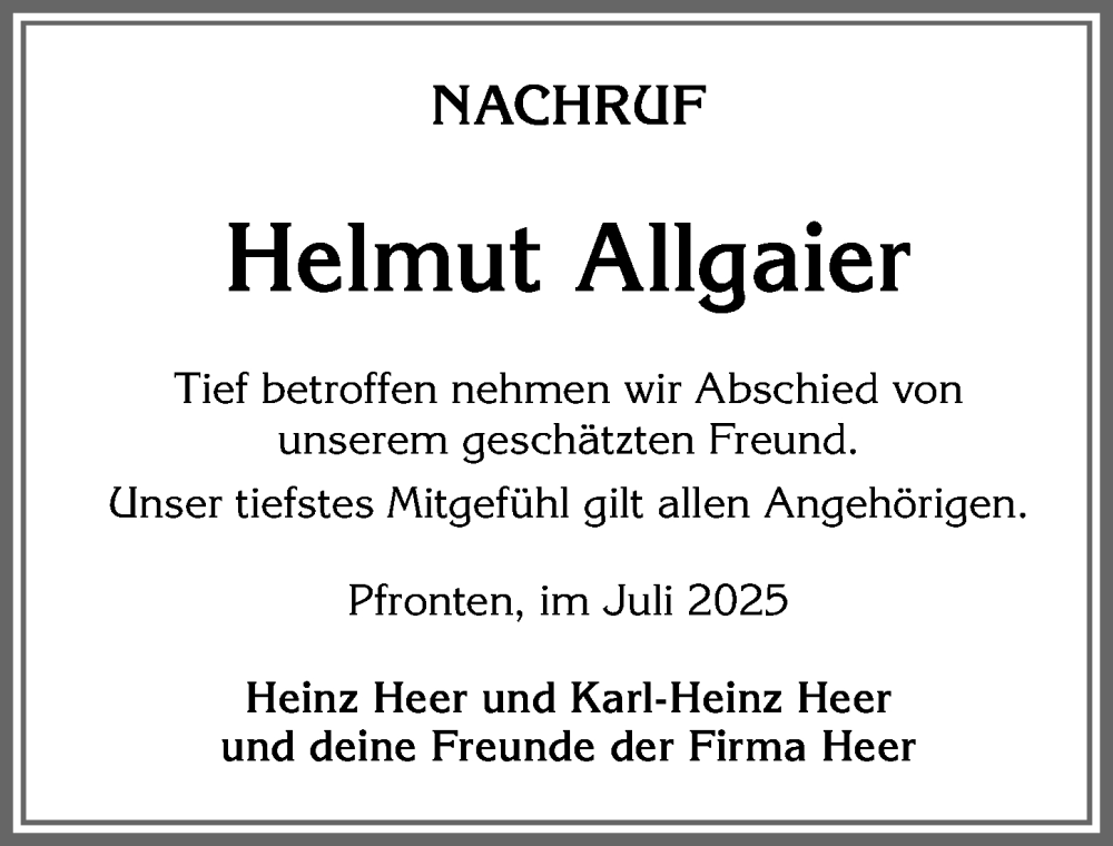  Traueranzeige für Helmut Allgaier vom 02.07.2025 aus Allgäuer Zeitung, Füssen