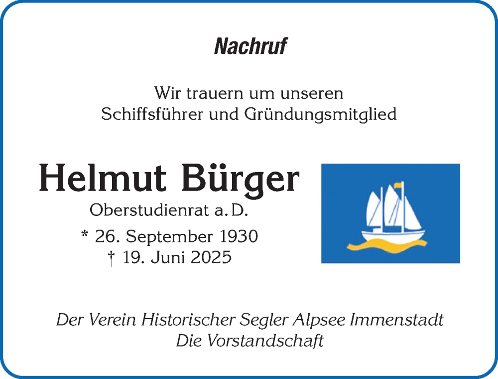  Traueranzeige für Helmut Bürger vom 02.07.2025 aus Allgäuer Anzeigeblatt