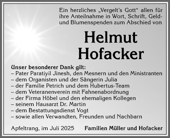 Traueranzeige von Helmut Hofacker von Allgäuer Zeitung, Kaufbeuren/Buchloe