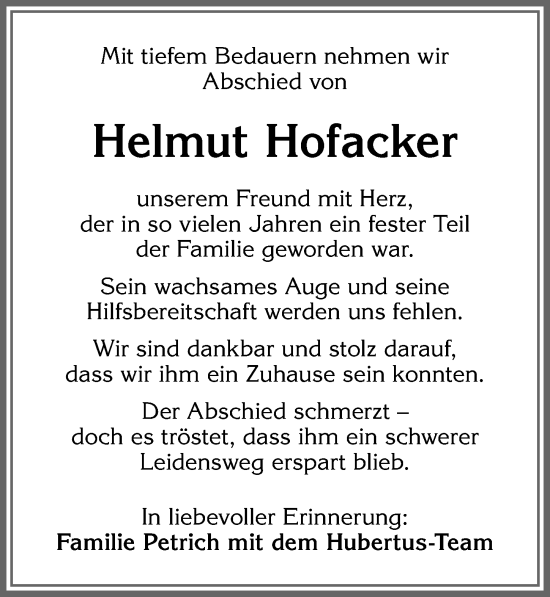 Traueranzeige von Helmut Hofacker von Allgäuer Zeitung, Kaufbeuren/Buchloe