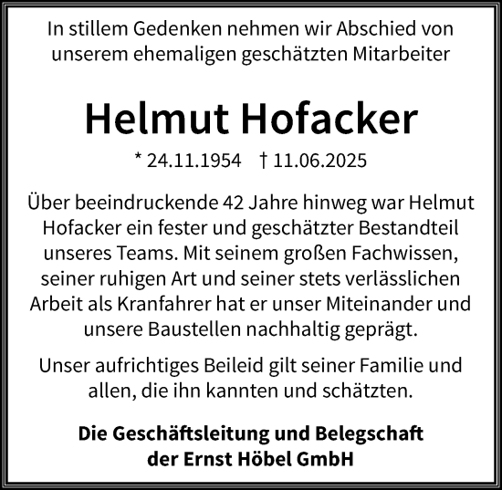 Traueranzeige von Helmut Hofacker von Allgäuer Zeitung, Marktoberdorf