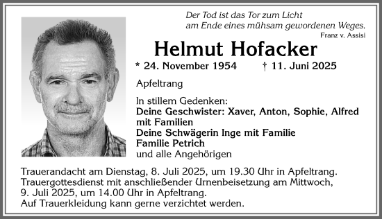 Traueranzeige von Helmut Hofacker von Allgäuer Zeitung, Kaufbeuren/Buchloe