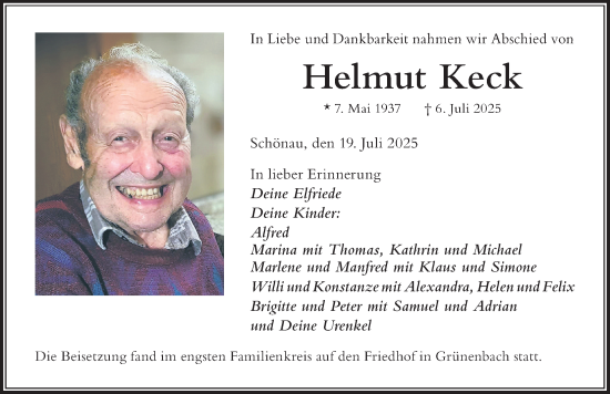 Traueranzeige von Helmut Keck von Der Westallgäuer