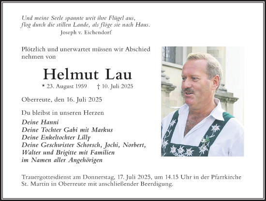 Traueranzeige von Helmut Lau von Der Westallgäuer