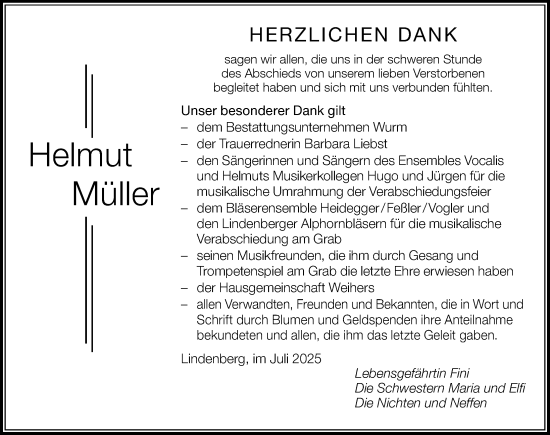 Traueranzeige von Helmut Müller von Der Westallgäuer