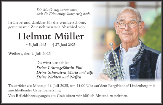 Traueranzeige von Helmut Müller von Der Westallgäuer