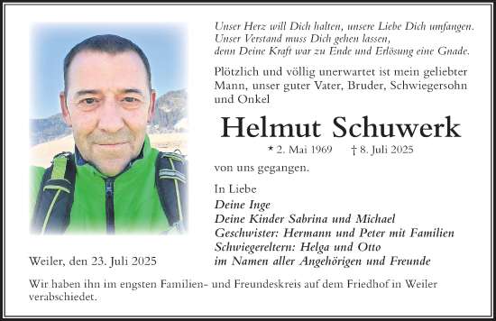 Traueranzeige von Helmut Schuwerk von Der Westallgäuer