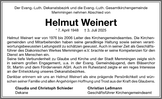 Traueranzeige von Helmut Weinert von Memminger Zeitung