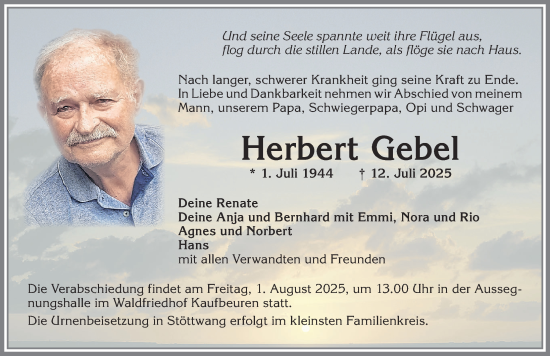 Traueranzeige von Herbert Gebel von Allgäuer Zeitung, Kaufbeuren/Buchloe