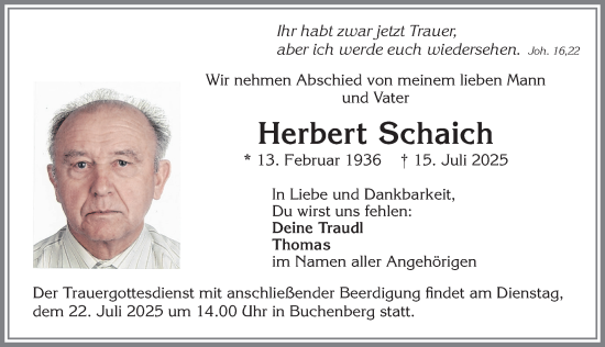 Traueranzeige von Herbert Schaich von Allgäuer Zeitung,Kempten