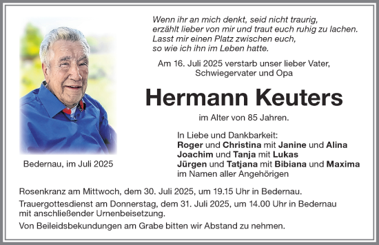 Traueranzeige von Hermann Keuters von Augsburger Allgemeine, Mindelheimer Zeitung
