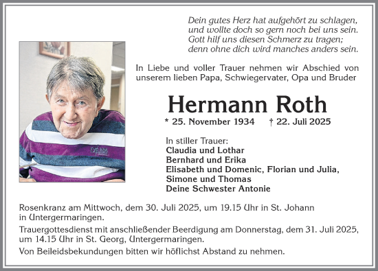 Traueranzeige von Hermann Roth von Allgäuer Zeitung, Kaufbeuren/Buchloe