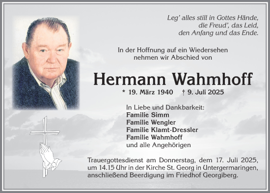 Traueranzeige von Hermann Wahmhoff von Allgäuer Zeitung, Kaufbeuren/Buchloe