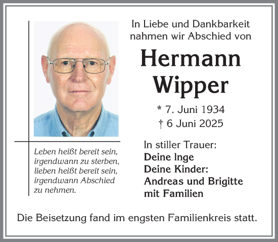 Traueranzeige von Hermann Wipper von Allgäuer Zeitung,Kempten