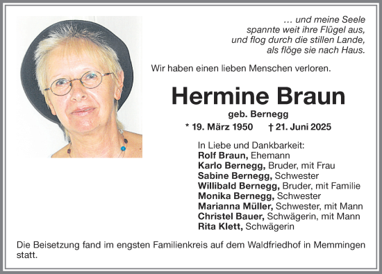 Traueranzeige von Hermine Braun von Memminger Zeitung