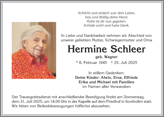 Traueranzeige von Hermine Schleer von Allgäuer Anzeigeblatt