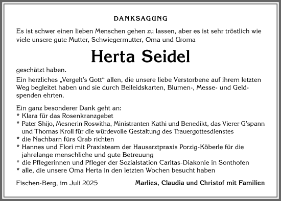 Traueranzeige von Herta Seidel von Allgäuer Anzeigeblatt