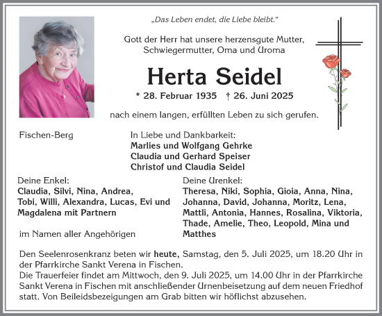 Traueranzeige von Herta Seidel von Allgäuer Anzeigeblatt