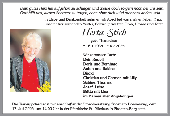 Traueranzeige von Herta Stich von Allgäuer Zeitung, Füssen