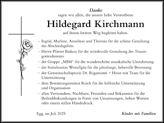 Traueranzeige von Hildegard Kirchmann von Der Westallgäuer