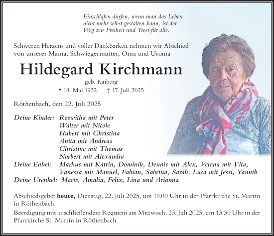 Traueranzeige von Hildegard Kirchmann von Der Westallgäuer