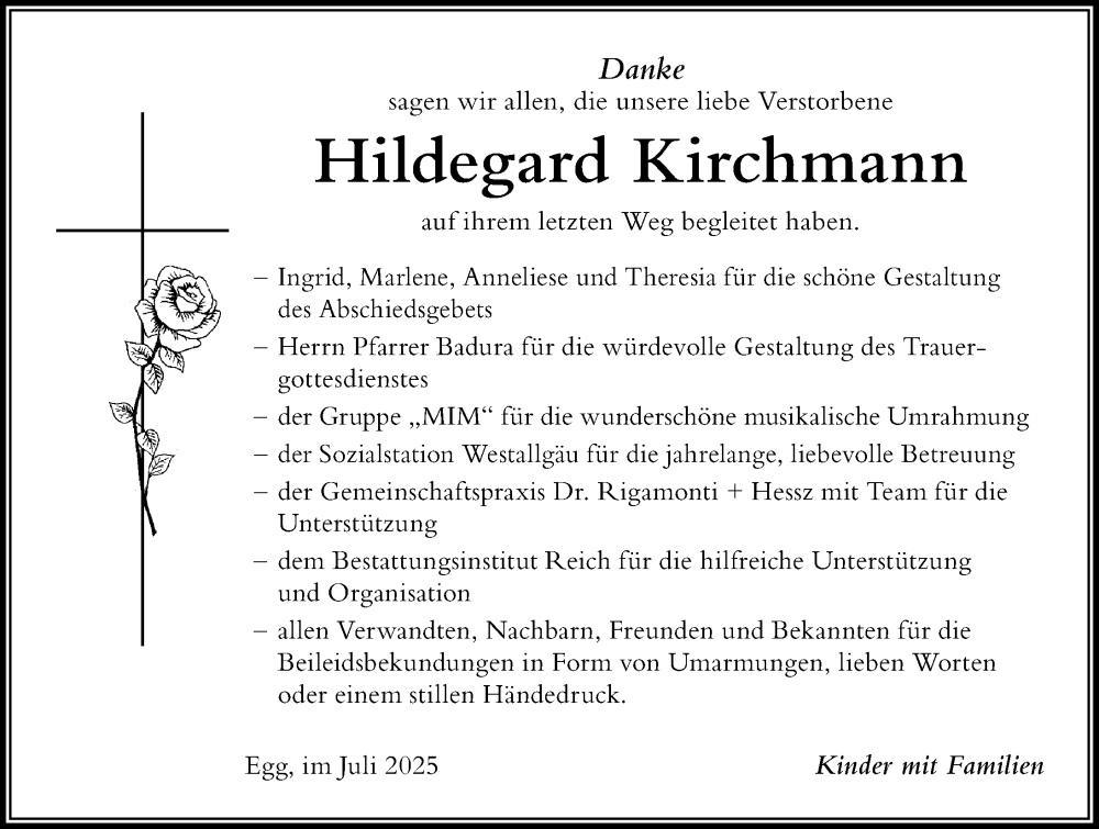  Traueranzeige für Hildegard Kirchmann vom 31.07.2025 aus Der Westallgäuer