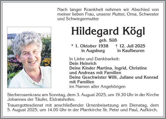 Traueranzeige von Hildegard Kögl von Allgäuer Zeitung, Kaufbeuren/Buchloe