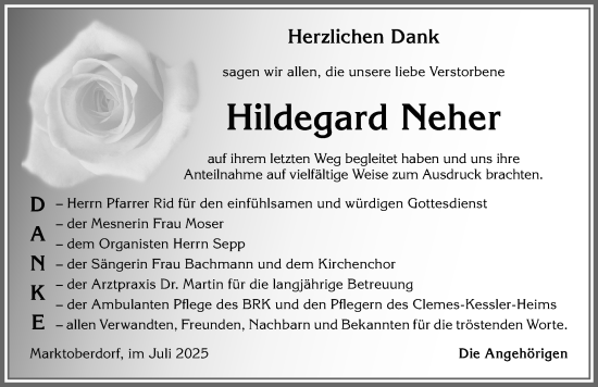 Traueranzeige von Hildegard Neher von Allgäuer Zeitung, Marktoberdorf