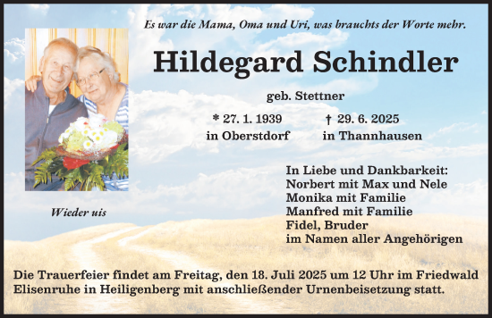 Traueranzeige von Hildegard Schindler von Mittelschwäbische Nachrichten, Augsburger Allgemeine
