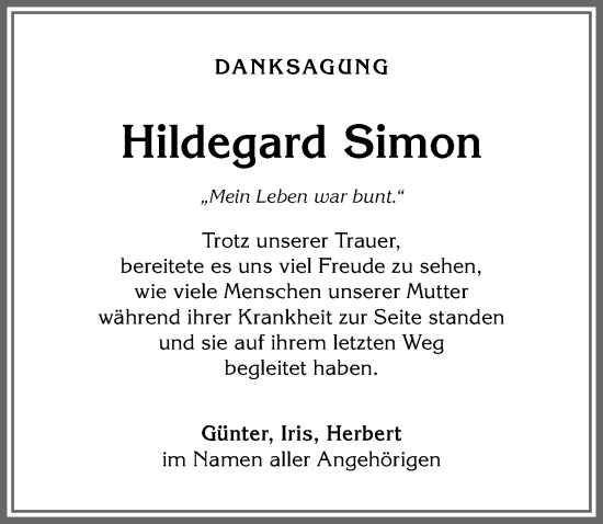 Traueranzeige von Hildegard Simon von Allgäuer Anzeigeblatt