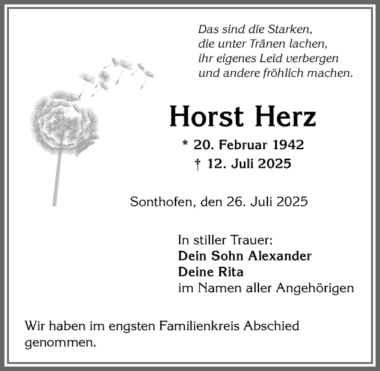 Traueranzeige von Horst Herz von Allgäuer Anzeigeblatt