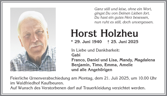 Traueranzeige von Horst Holzheu von Allgäuer Zeitung, Kaufbeuren/Buchloe