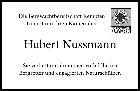 Traueranzeige von Hubert Nussmann von Allgäuer Zeitung,Kempten