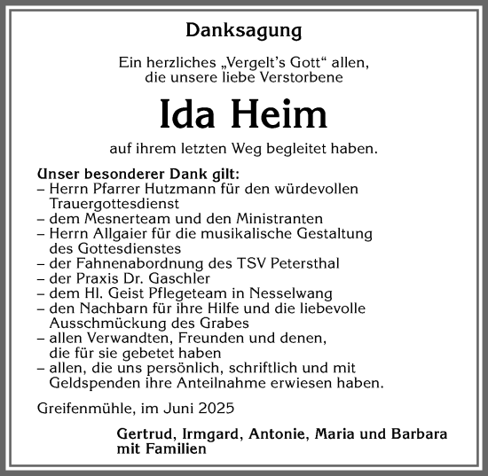 Traueranzeige von Ida Heim von Allgäuer Zeitung,Kempten